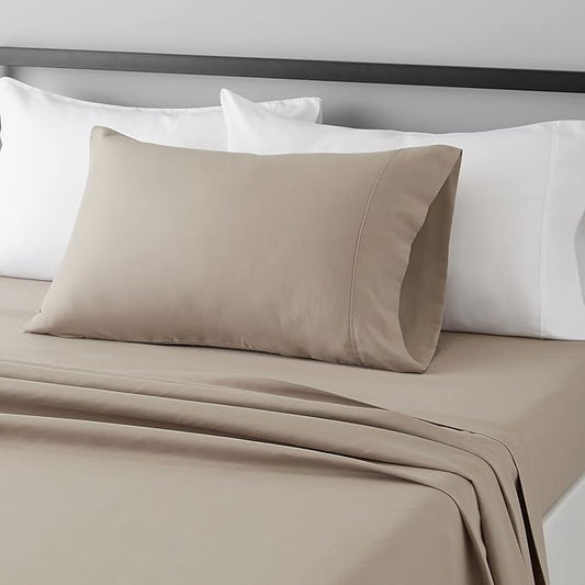 Amazon Basics Lightweight Super Soft Easy Care Wrinkle Free Microfiber 3 Piece Bed Sheet Set with 14-Inch Deep Pockets, Twin, Taupe, Solid, Kids, Men & Women Bedding AmazonBasics
