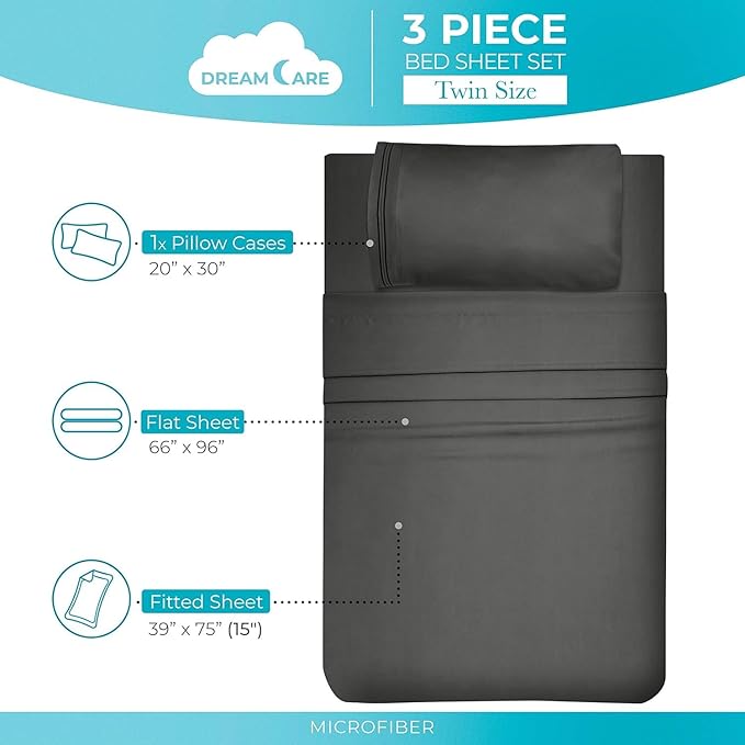 DREAMCARE Twin XL Sheet Sets – 3pcs Cooling Sheets – up to 15” Deep Pocket Twin XL Sheets Set – Hotel Luxury Sheets & Pillowcases – Superior Softness 100% Fine Microfiber with Side Pocket – Dark Gray DREAMCARE