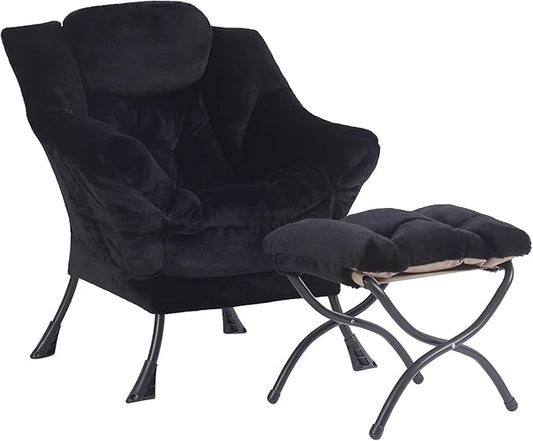 Plush Lazy Chair and Ottoman, Large Contemporary Accent Lounge Chair with Armrests and a Side Pocket, Modern Leisure Upholstered Sofa Reading Armchair with Footrest for Bedroom, Living Room