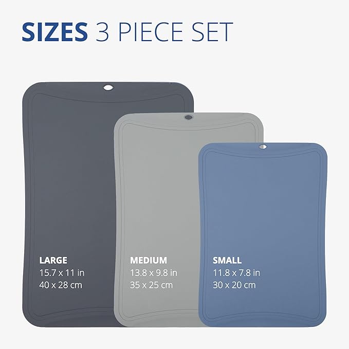 Blue Ginkgo TPU Cutting Mats [Set of 3] – Korean-Made Flexible, Knife-Friendly, Durable Kitchen Cutting Boards (Dark Gray, Gray, Blue)