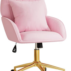 Pink Velvet Desk Chair with Pillow, Upholstered Home Office Desk Chair Makeup Vanity Chair with Swivel Wheels, Ergonomic Office Chair Computer Task Chair for Living Room, Bedroom