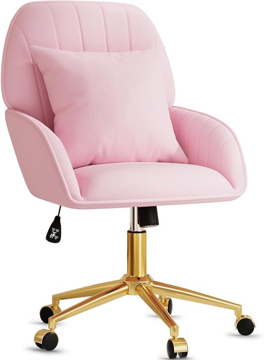 Pink Velvet Desk Chair with Pillow, Upholstered Home Office Desk Chair Makeup Vanity Chair with Swivel Wheels, Ergonomic Office Chair Computer Task Chair for Living Room, Bedroom