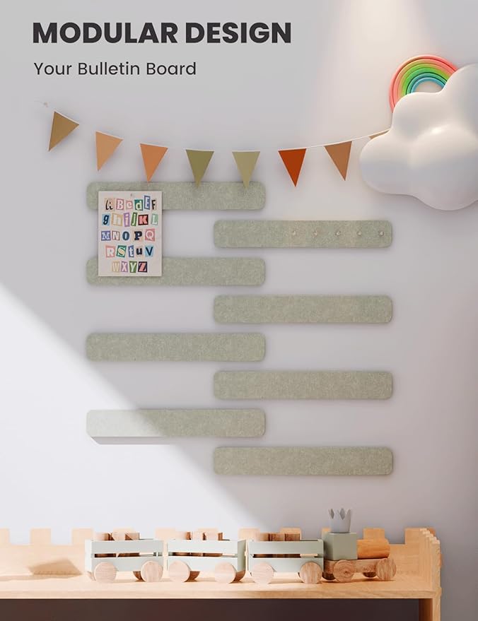 Cork Board Alternative Felt Strip Board 8-Pack 13"x2", Office Pin Board with 50 Push Pins, Adhesive Install for Bedroom Door & Home Office(Sage)