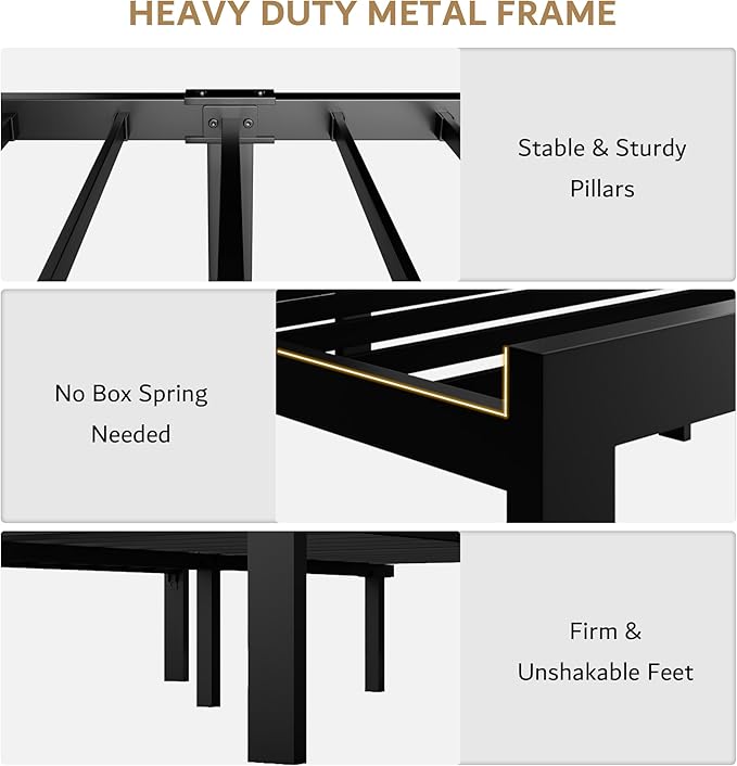 iPormis Queen Metal Bed Frame, Faux Leather Button Tufted Headboard Platform Bed, Heavy Duty Slats Support, 12" Under Bed Storage, No Box Spring Needed, Easy Assembly, Black