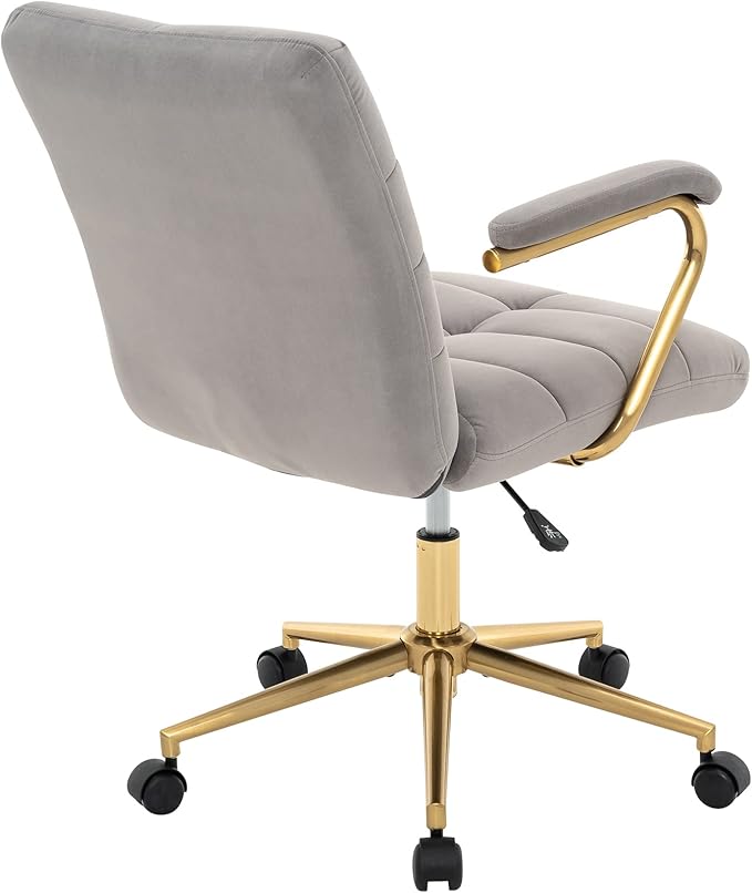 Velvet Home Office Desk Chair, Upholstered Adjustable Swivel Task Chair with Wheels, Tufted Mid-Back Computer Chair with Arms, for Study Living Room Vanity (Grey, Gold Base)