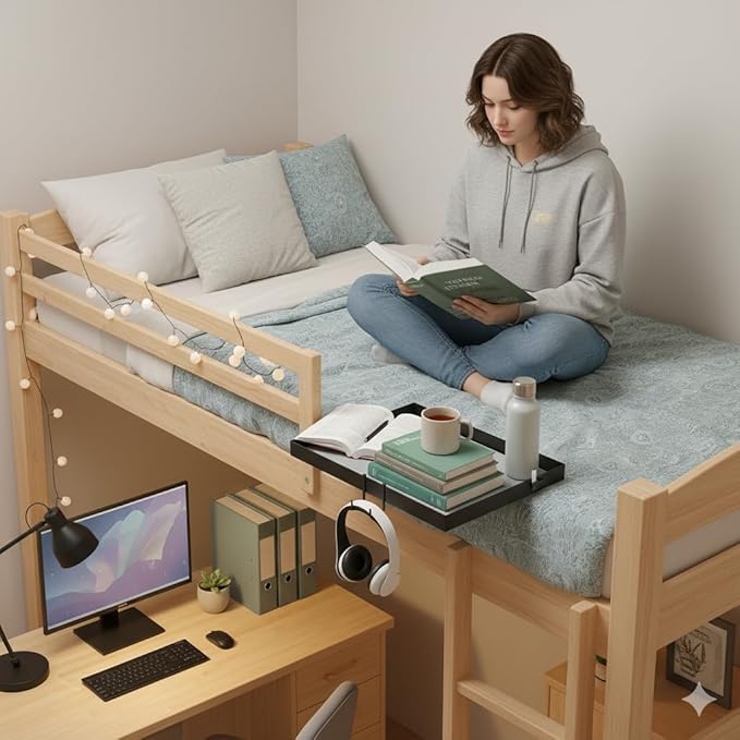 Bunk Bed Shelf Clip On Bedside Caddy Tray - Heavy Duty Metal Table with Cup Holder for College Dorm Loft Top Bunk Organizer - Space Saving Nightstand for Small Rooms
