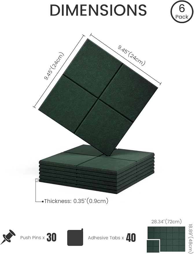 Felt Bulletin Board Tiles -28"x18" Cork Board Alternative for Office Decor, Push Pin Board Wall Organizer 6-Pack -Pine Green