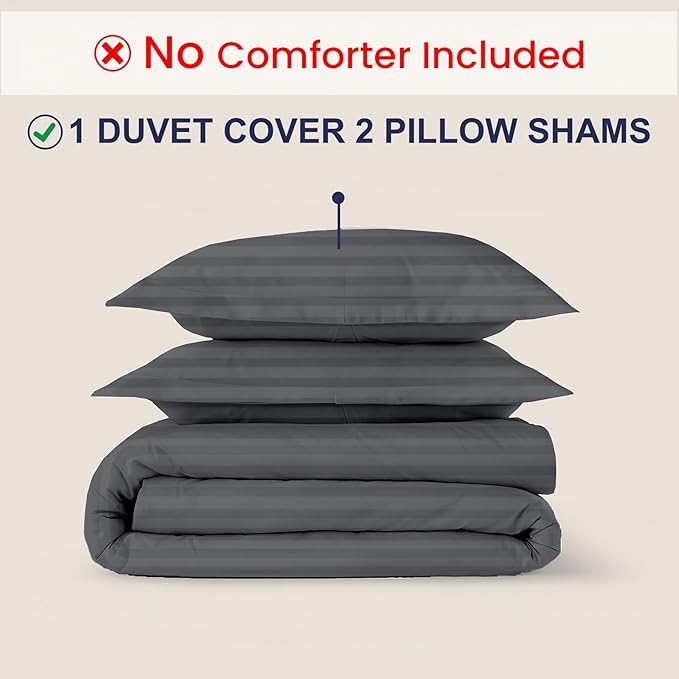 Kotton Culture 120"x98" 3 Pc Oversized King Duvet Cover Set 100% Egyptian Cotton - 600 TC Comforter Cover, Zipper Closure & Corner Ties - Fits Large King Inserts (Oversized King,Striped Dark Grey)