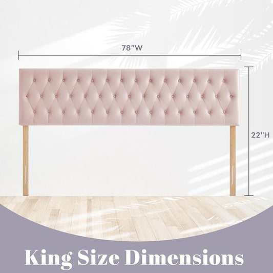 Kingfun Tufted Upholstered King Size Bed Headboard in Modern Button Design, Adjustable Solid Wood Head Board, Premium Velvet Fabric Padded Headboards in Bedroom (Pink)