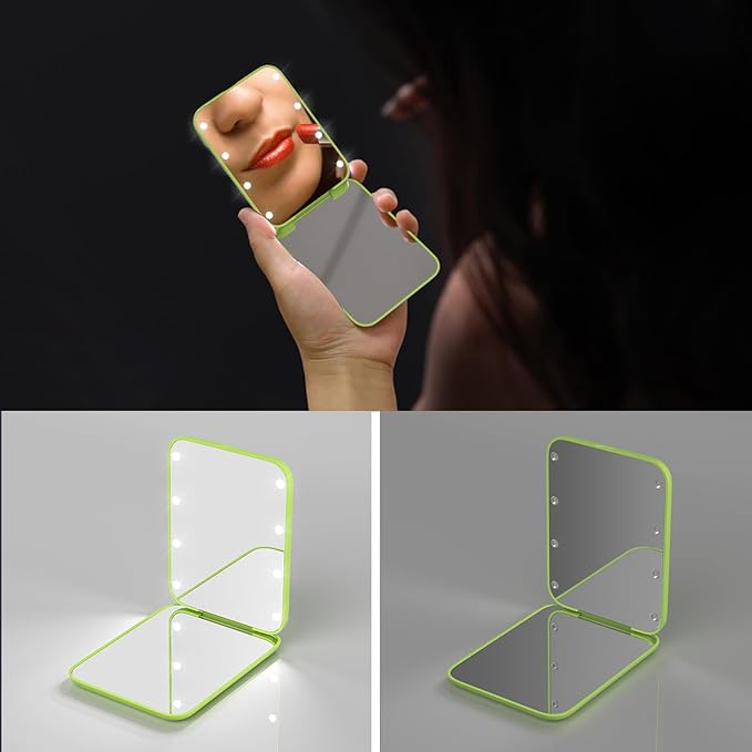 Kintion Pocket Mirror, 1X/3X Magnification LED Compact Travel Makeup Mirror with Light for Purse, 2-Sided, Portable, Folding, Handheld, Small Lighted Mirror for Gift, Light Green