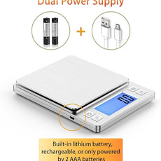 BOMATA Upgraded Small Food Scale, 0.1 g/0.001 oz High Precision, 3000 g/6.6 lb, with New Hold Function and Larger Display, USB Rechargeable, Digital Kitchen Scale for Small Item, Jewelry. Sliver