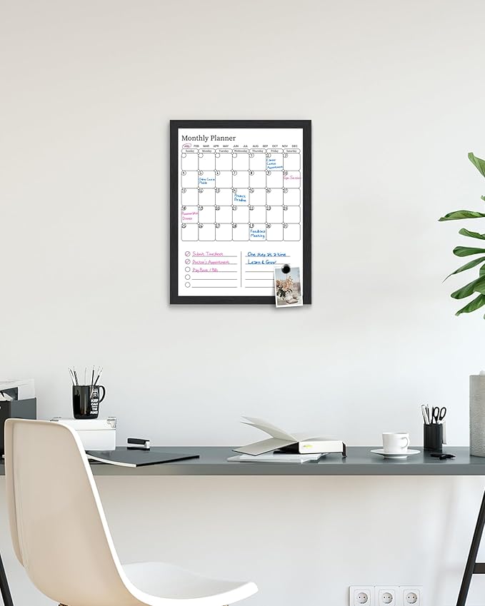 Dry Erase Calendar for Wall, 17x13 inches Magnetic Surface Calendar Whiteboard, 2-in-1 Planner, Vertical Layout to Do List with Black Wooden Frame(YL-SHU-BK,4333)
