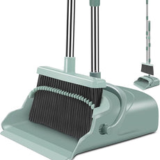 kelamayi Upgrade Broom and Dustpan Set, Large Size and with Long Handle, Upright,Ideal for Indoor Outdoor Garage Kitchen Room Office Lobby Use (Green)