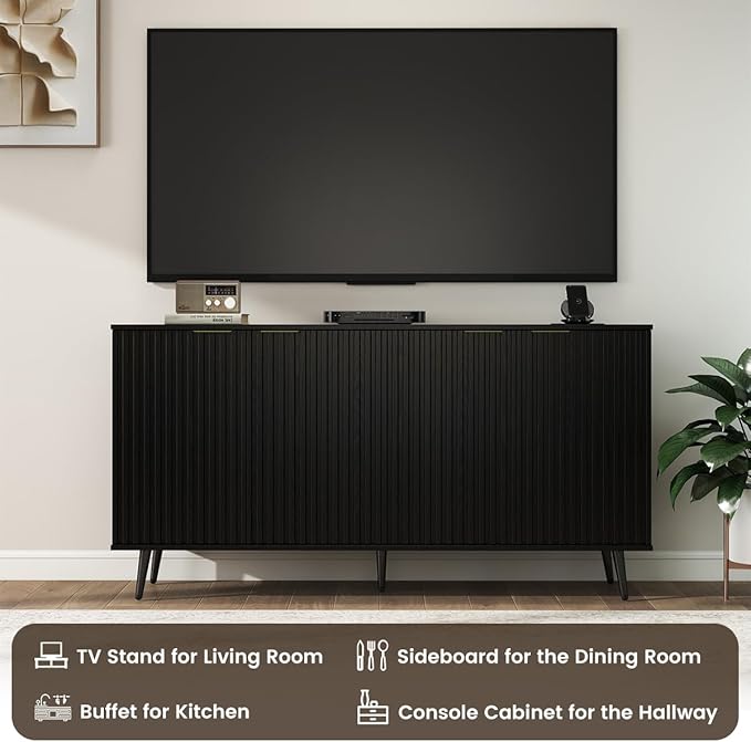 COCO DESIGN 61" Buffet Sideboard with Fluted Panel Doors, Power Outlet & Adjustable Shelves, Storage Cabinet with Metal Legs, Modern Farmhouse Console for Kitchen Dining Living Room Entryway, Black