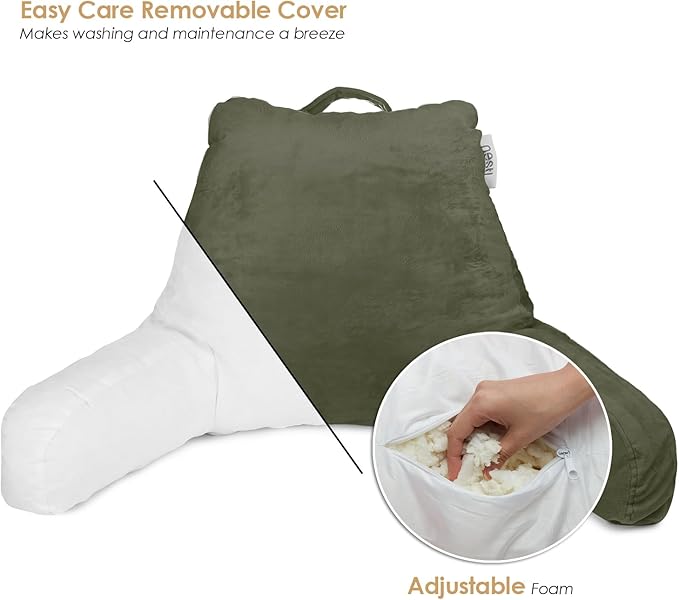 Nestl Reading Pillow for Kids & Teens with Shredded Memory Foam, Backrest Pillows for Reading, Watching, and Gaming, Use on the Couch, Bed, or Floor, Adjustable Support with Washable Cover Olive Green