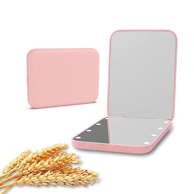 Kintion Rechargeable Pocket Mirror, Double Sided 1X/3X Magnification Compact Vanity Mirror, 3 Color Lights, Dimmable, Small and Portable Lighted Travel Mirror for Women Gifts, Wheat Straw Pink