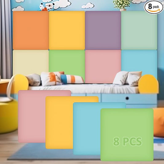 8 Pack Wall Padding for Playroom Peel and Stick Headboard 11.81" x 11.81" x 1.18" 3D Anti Collision Upholstered Wall Panels Self Adhesive Headboard Panel for Protection (Fresh Colors)