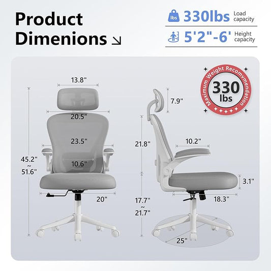 Ergonomic Office Chair M903, Computer Desk Chair with Wheels, High Back Mesh Office Chair with Adjustable Lumbar Support, Headrest, Flip-Up Armrests, Withe Grey