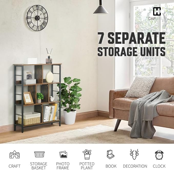 CAPHAUS 7 Cube Storage Organizer, 32” Wide 3 Tier Rustic Oak Industrial Open Shelf Bookcase, Display Shelf, Horizontal Bookshelf with Metal Frame, Wooden Board, for Living Room, Bedroom, Office