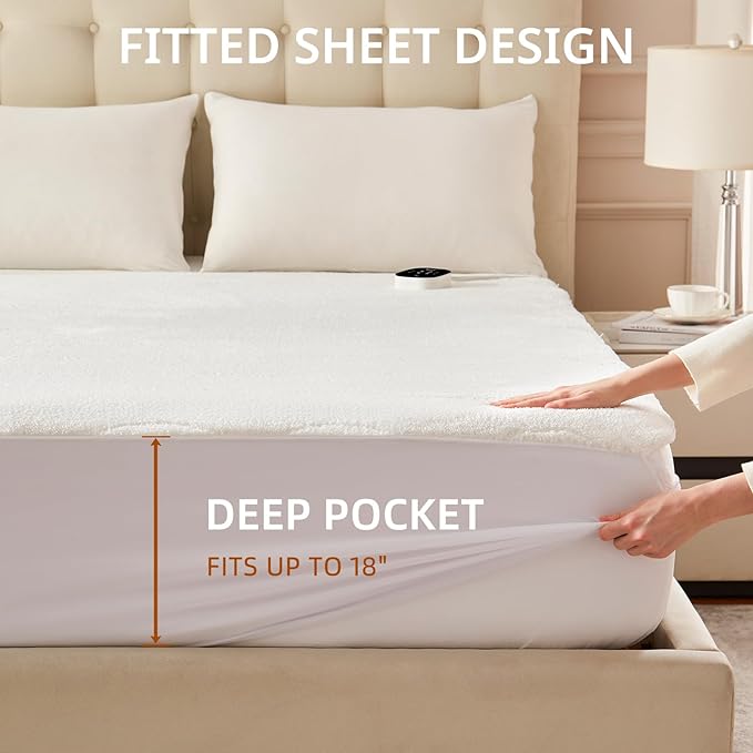 Bwarm Multizone Heated Mattress Pad Queen, Electric Mattress Pad Sherpa Fleece Bed Warmer with 9 Heat Settings, 1-12 Hours Auto Off Deep Pocket, Machine Washable, Wave White Queen 60" x 80"