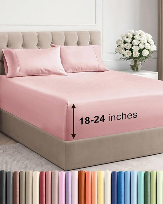 Extra Deep Pocket Full Sheets - 4 Piece Breathable & Cooling Bed Sheets - Hotel Luxury Bed Sheet Set - Soft, Wrinkle Free & Comfy - Easily Fits Extra Deep Mattresses - Deep Pocket Baby Pink Sheets Set