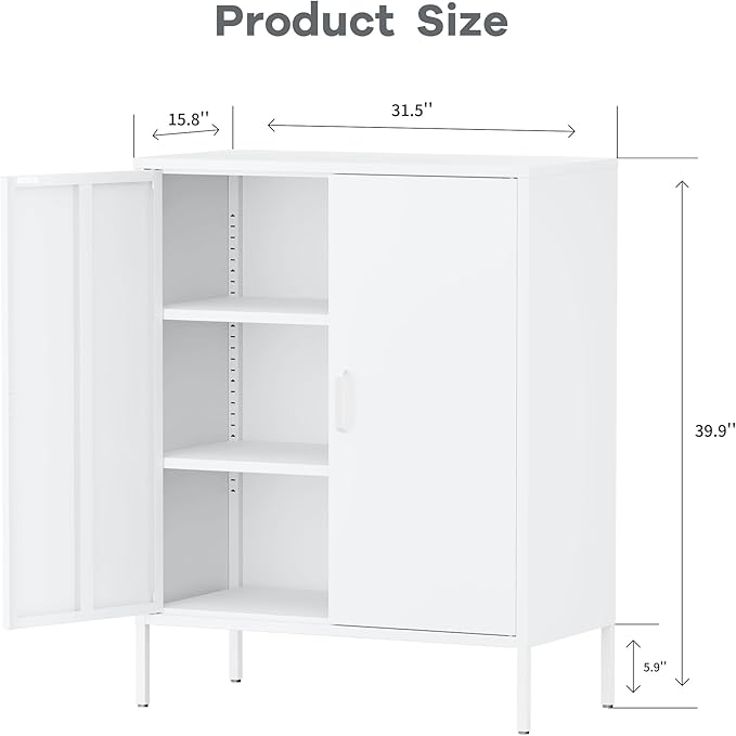 Bathroom Floor Storage Cabinet,40H Small White Cabinets for Storage with Doors,2 Door Metal Towel Freestanding Cabinet for Small Spaces,Two Door Hallway Short Cabinets,Shallow Low Cupboard