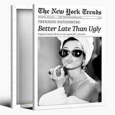 New York Trends Wall Art Black and White Newspaper Better Late Than Ugly Poster Canvas Prints Funky Feminist Posters Trendy College Wall Decor for Bar Cart Girl Dorm Room Bathroom Decorative 16x24inch Framed