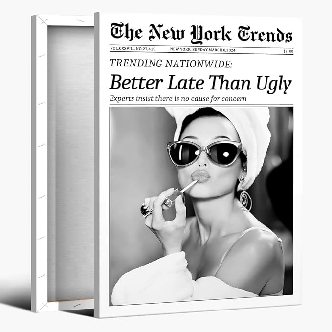 New York Trends Wall Art Black and White Newspaper Better Late Than Ugly Poster Canvas Prints Funky Feminist Posters Trendy College Wall Decor for Bar Cart Girl Dorm Room Bathroom Decorative 24x36inch Framed