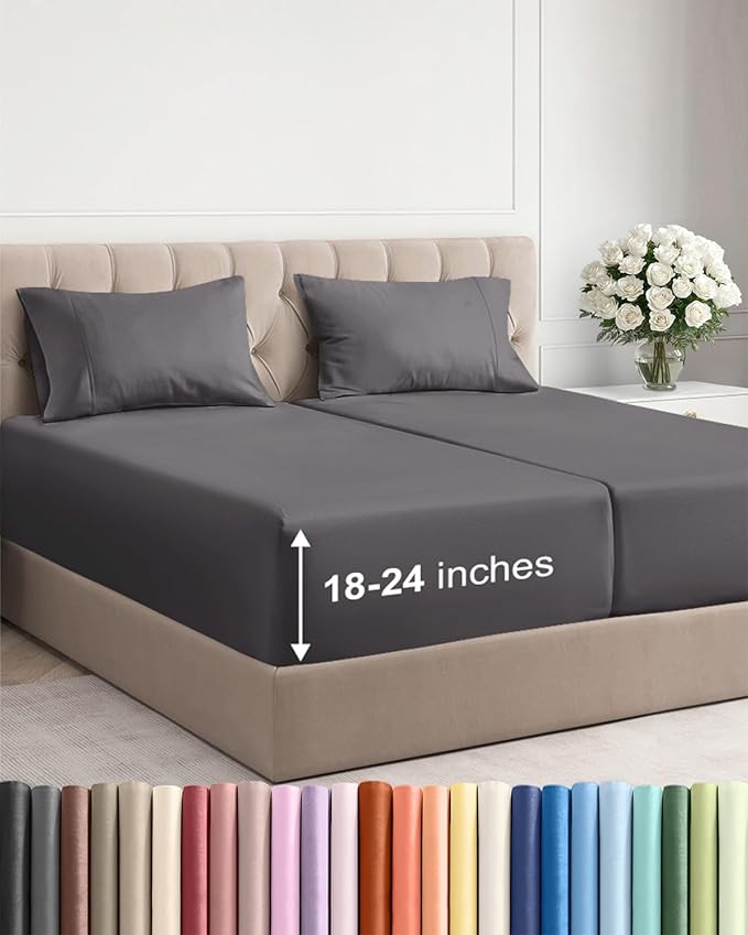 Extra Deep Pocket Split King Sheets - 5 Piece Breathable & Cooling Bed Sheets - Hotel Luxury Bed Sheet Set - Soft, Wrinkle Free & Comfy - Easily Fits Extra Deep Mattresses - Dark Grey Sheets Set