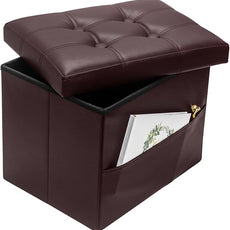 Storage Ottoman Foot Rest Stool, Small Leather Storage Ottomans Bench, Folding Footstool with Side Pockets, Foot Rest Under Desk for Living Room Bedroom, 17x13x13 in, Brown