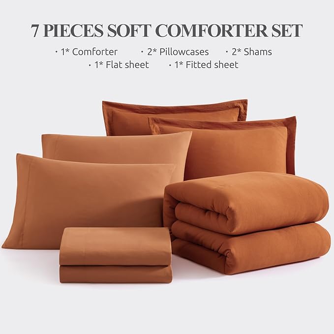 WRENSONGE Oversized Queen Comforter Set - 7 Pieces Burnt Orange Bed in a Bag Queen with Sheets, 2 Pillow Shams, and 2 Pillowcases- Warm Bedding Sets Queen for All Season
