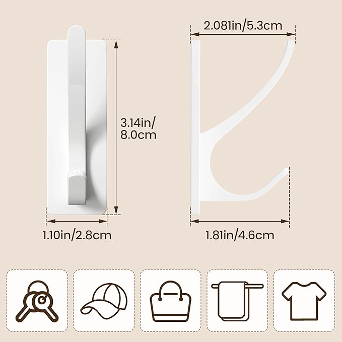 pickpiff Self Adhesive Coat Hooks for Hanging, Heavy Duty Stainless Double Wall Hook for Towel, Backpack, Hat, Sturdy Metal Hanger for Bathroom, Bedroom, Door, Wall Mounted, 10 Pack, White