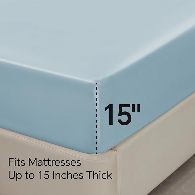 BEDELITE Satin Sheets Full Size Bed Set, Luxury Soft Light Blue Silky Sheet for Hair and Skin, Similar to Silk Bed Sheets Set 4 Pieces with 1 Deep Pocket Fitted Sheet, 1 Flat Sheet, and 2 Pillowcases