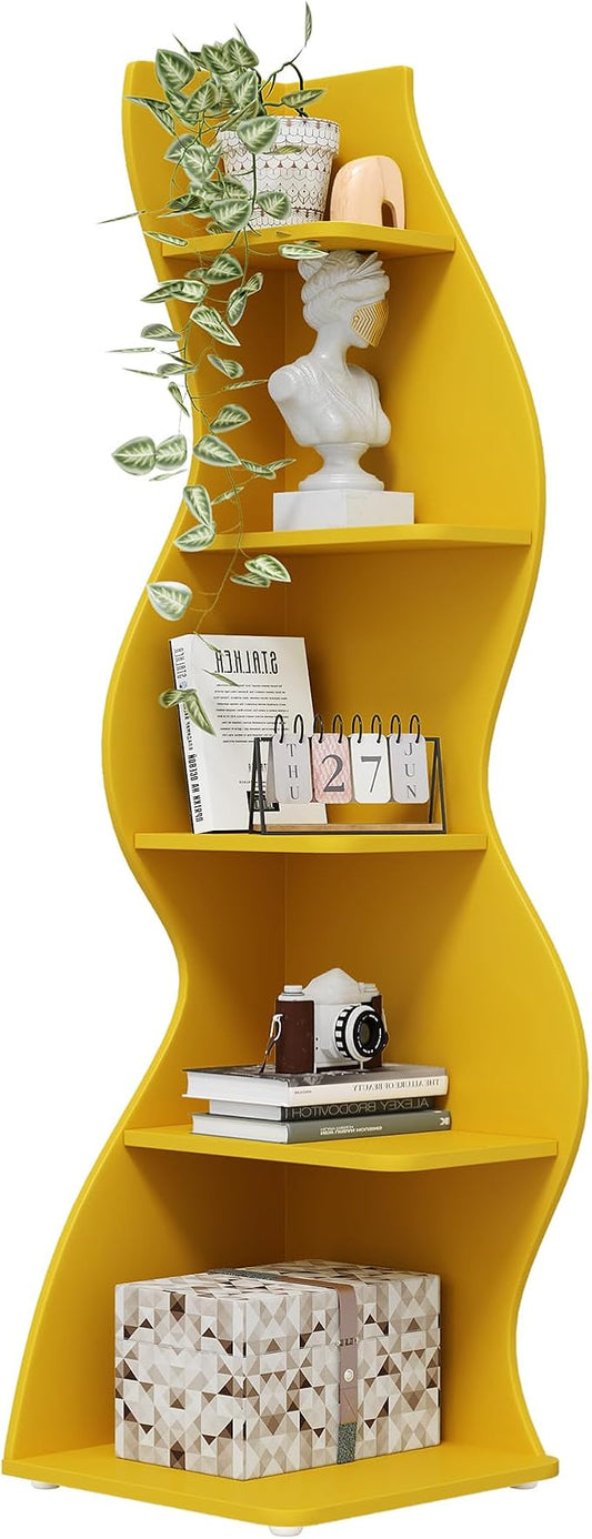 Tribesigns Corner Shelf, Modern 5-Tier Wall Corner Bookshelf, Stylish Corner Small Bookcase Storage Rack Plant Stand with Unique Shape for Living Room, Home Office (Yellow, 1PC)