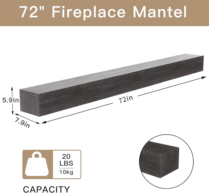 Fireplace Mantel Shelve, Solid Wood Baked Finish Wall-Mounted Floating Shelf for Over Fireplace, Handcrafted Floating Fireplace Mantels with Wooden Bracket, 72 x 8 x 6 Inches