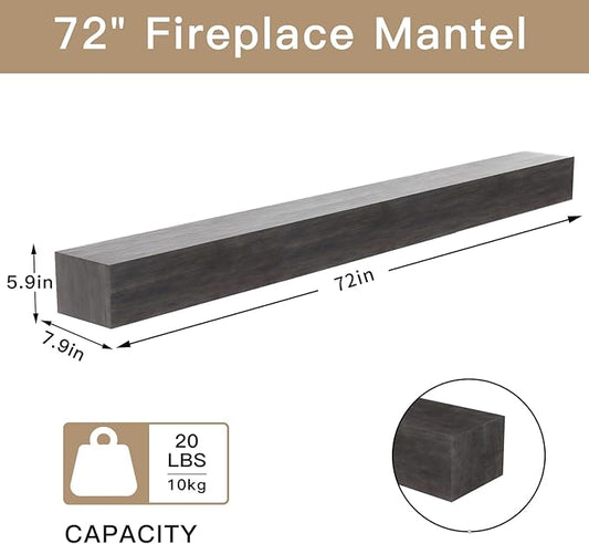Fireplace Mantel Shelve, Solid Wood Baked Finish Wall-Mounted Floating Shelf for Over Fireplace, Handcrafted Floating Fireplace Mantels with Wooden Bracket, 72 x 8 x 6 Inches