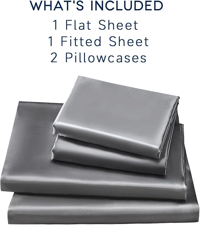 Satin Sheets King Size - 4 Pieces Luxury Silky Soft Bed Sheets, Wrinkle-Free Dark Grey Satin Silk Sheet Set with 1 Deep Pocket Fitted Sheet, 1 Flat Sheet, 2 Pillow Cases