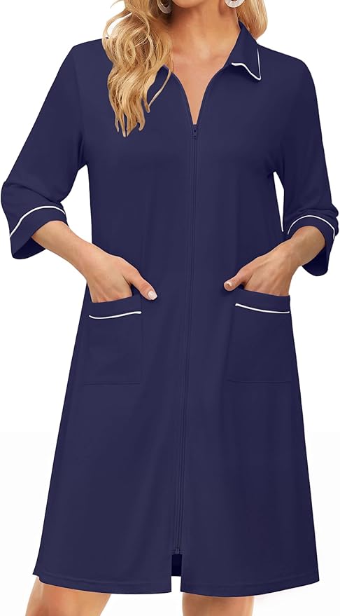 Ekouaer Zipper Robes for Women 3/4 Sleeve Housecoats Knee Length Bathrobe Lightweight Nightgown with Pockets S-3XL