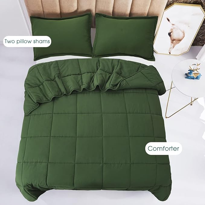 HIG 3pc Prewashed Green King Size Comforter Duvet Insert - All Season Quilted Down Alternative Comforter with Corner Tabs -Box Stitched - 250GSM Fiberfill Farmhouse Style Bedding(Salomon)