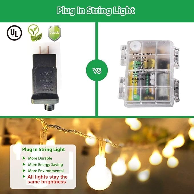 Globe String Lights 180 Feet 300 led,8 Modes Fairy Lights Plug in,Indoor Lights for Bedroom,Classroom,Outdoor Lights for Patio,Garden,Party,Wedding-Warm White