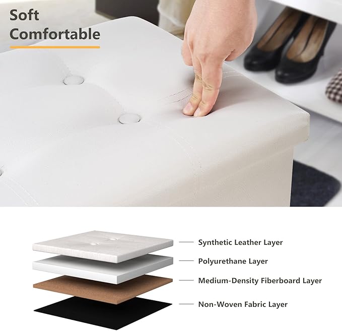Youdesure White Folding Storage Ottoman Bench, Faux Leather Footrest for Living Room, Ottoman with Storage Padded Seat for Bedroom, Holds up to 350lbs