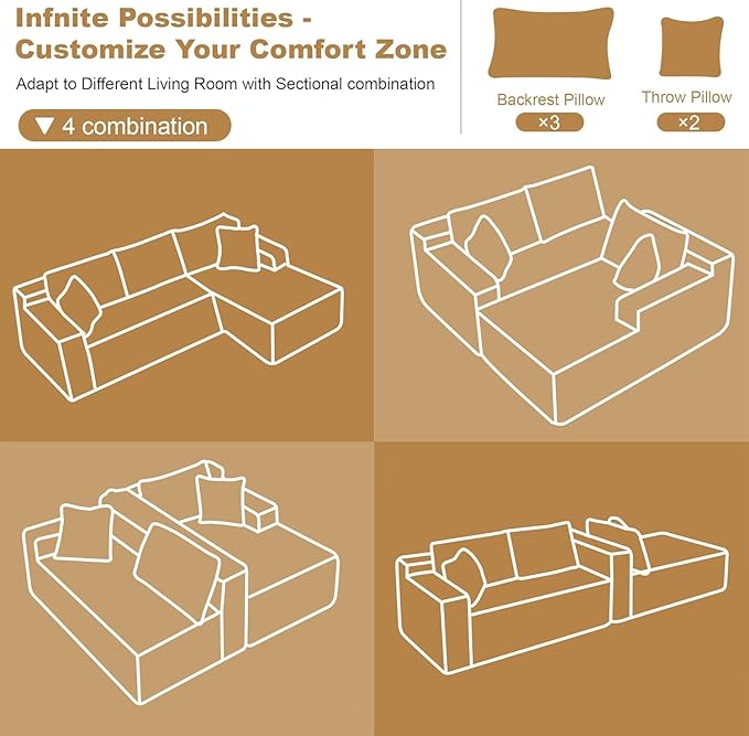 96" Sectional Couches for Living Room Modern Modular Sofa with L-Shape Couchs Upholstered Boneless Couch Deep Seat Sectional Couch with Chaise (Black, 96" Right Facing Chaise+2Seaters)