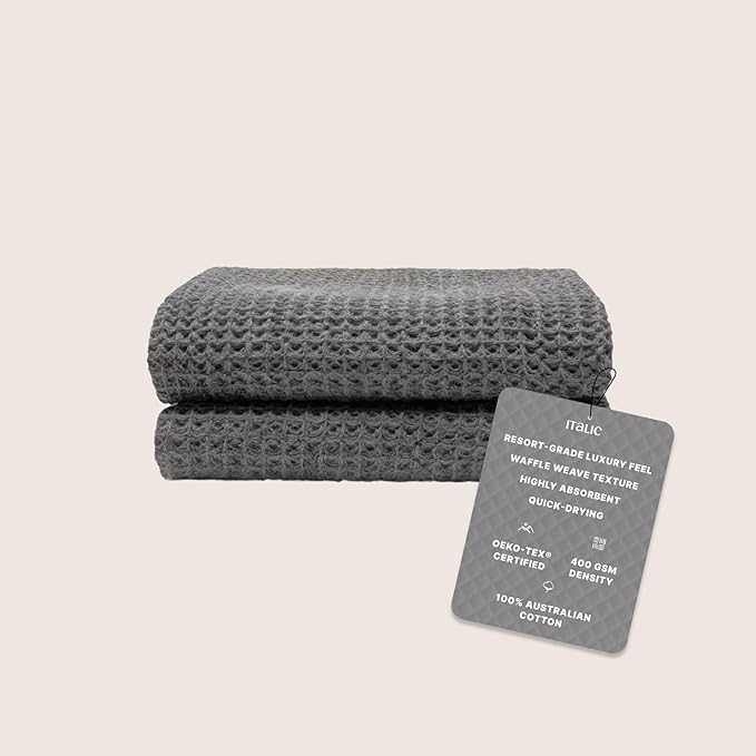 Italic Sedona Waffle Bath Towels, 410 GSM 100% Cotton, Set of 2, Soft, Quick-Drying & Lightweight Waffle Weave Towels (Charcoal)