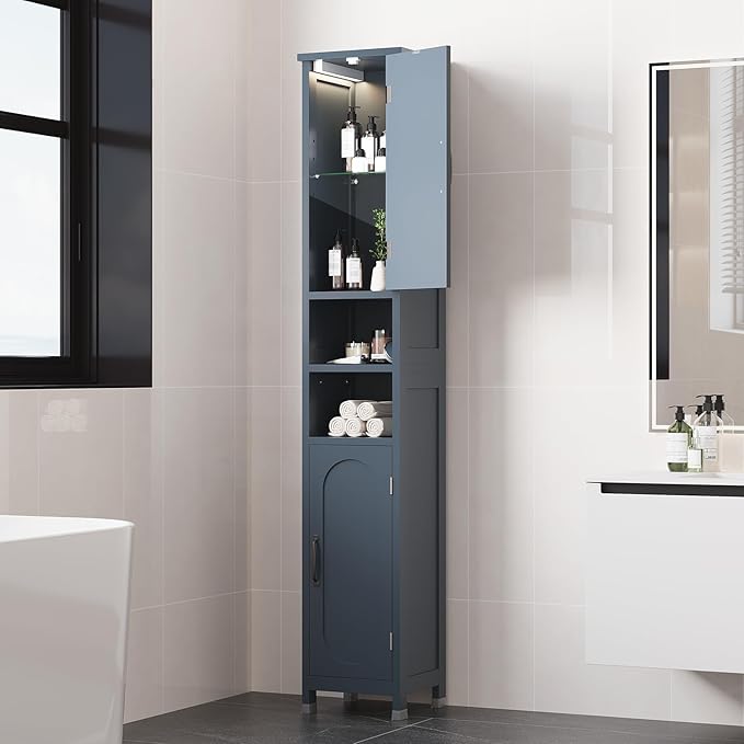67" Tall Bathroom Storage Cabinet with Lights, Slim Narrow Bathroom Cabinet Organizer with Doors and Adjustable Shelves, Tall Cabinet for Small Space (66.9" Tall-Blue with Light, 1 Pack)