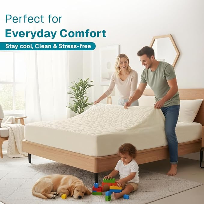 FABDREAMS Organic Quilted Mattress Protector Twin Size | Mattress Pad| Mattress Cover| Naturally Breathable | Noiseless| Fits up to 17" Deep Pockets| Temperature Regulating | Ivory