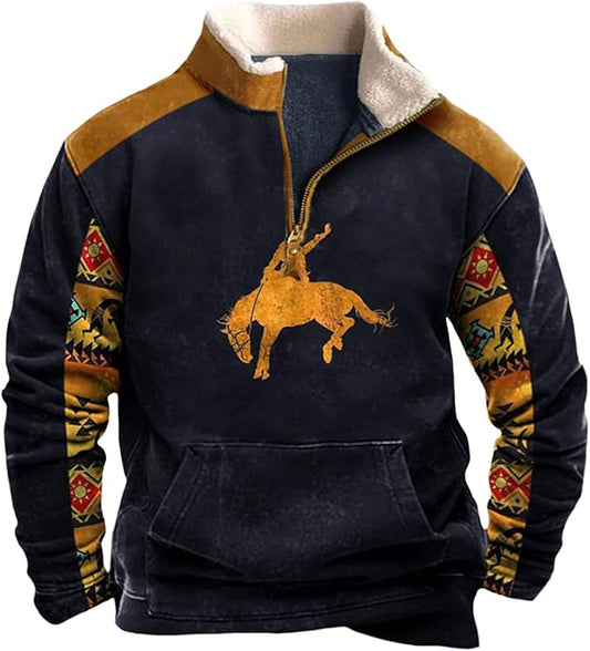 Western Sweatshirts for Men Aztec Cowboy Vintage Graphic Fleece Hoodie Mens Quarter Zip Pullover Country Jacket