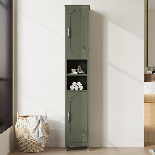 67" Tall Bathroom Storage Cabinet with Lights, Slim Narrow Bathroom Cabinet Organizer with Doors and Adjustable Shelves, Tall Cabinet for Small Space (66.9" Tall-Green with Light, 1 Pack)