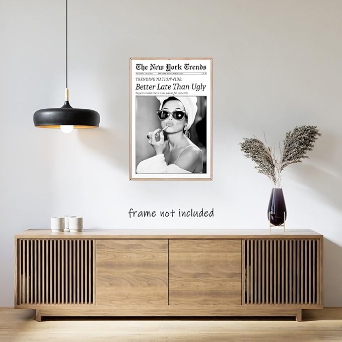 New York Trends Wall Art Black and White Newspaper Better Late Than Ugly Poster Canvas Prints Funky Feminist Posters Trendy College Wall Decor for Bar Cart Girl Dorm Room Bathroom Decorative 24x36inch Unframed
