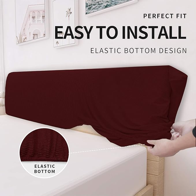 Easy-Going Stretch Bed Headboard Cover,Small Square Jacquard Headboard Slipcover, Dustproof Bed Head Cover for Bedroom (Queen,Wine)