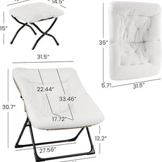 Comfy Saucer Chair for Adults, Soft Faux Fur Bedroom Chair with Ottoman, Accent Dorm Chairs, Living Room Reading Chairs and Footstool, Folding Lounge Seat for Teens, X-Large, White